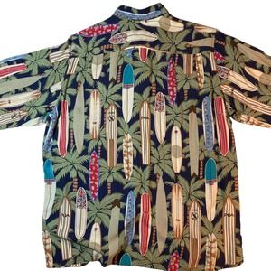 Reyn Spooner Surfing Surfboards Palms Camp Button Down Rayon Aloha Shirt XL EUC